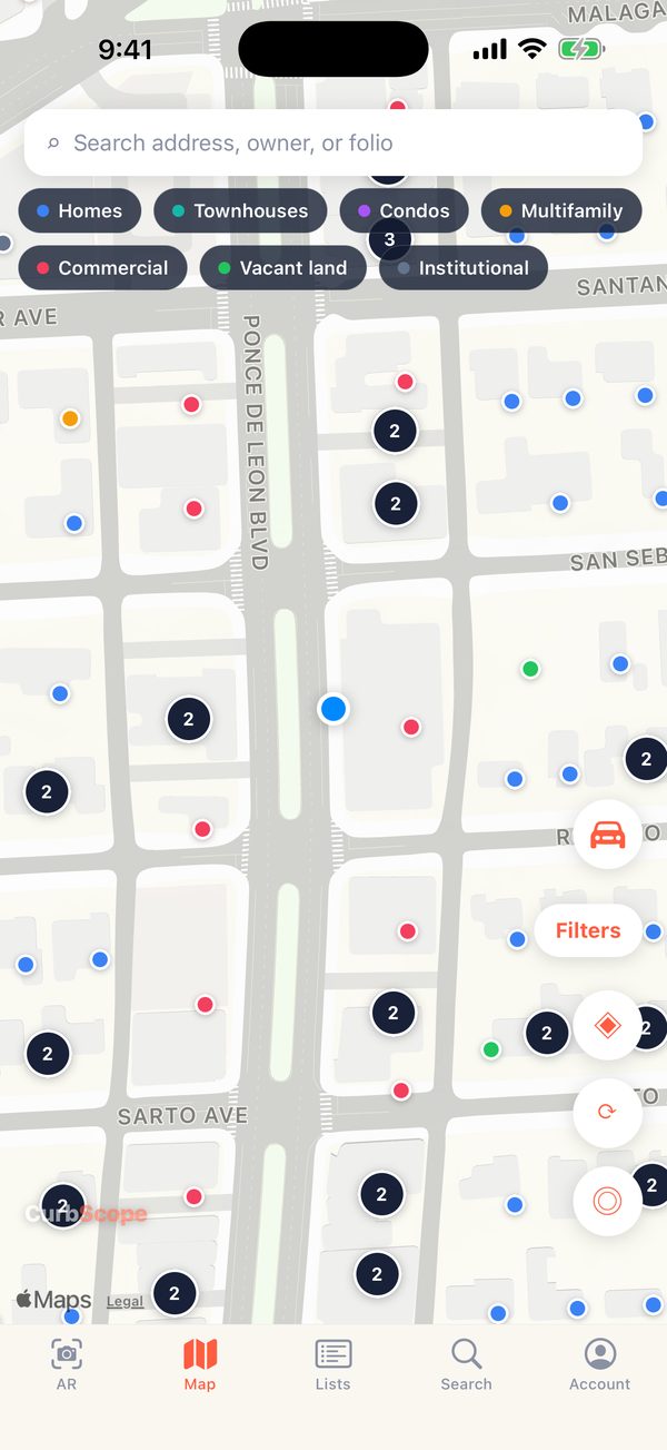 CurbScope map with color-coded property pins